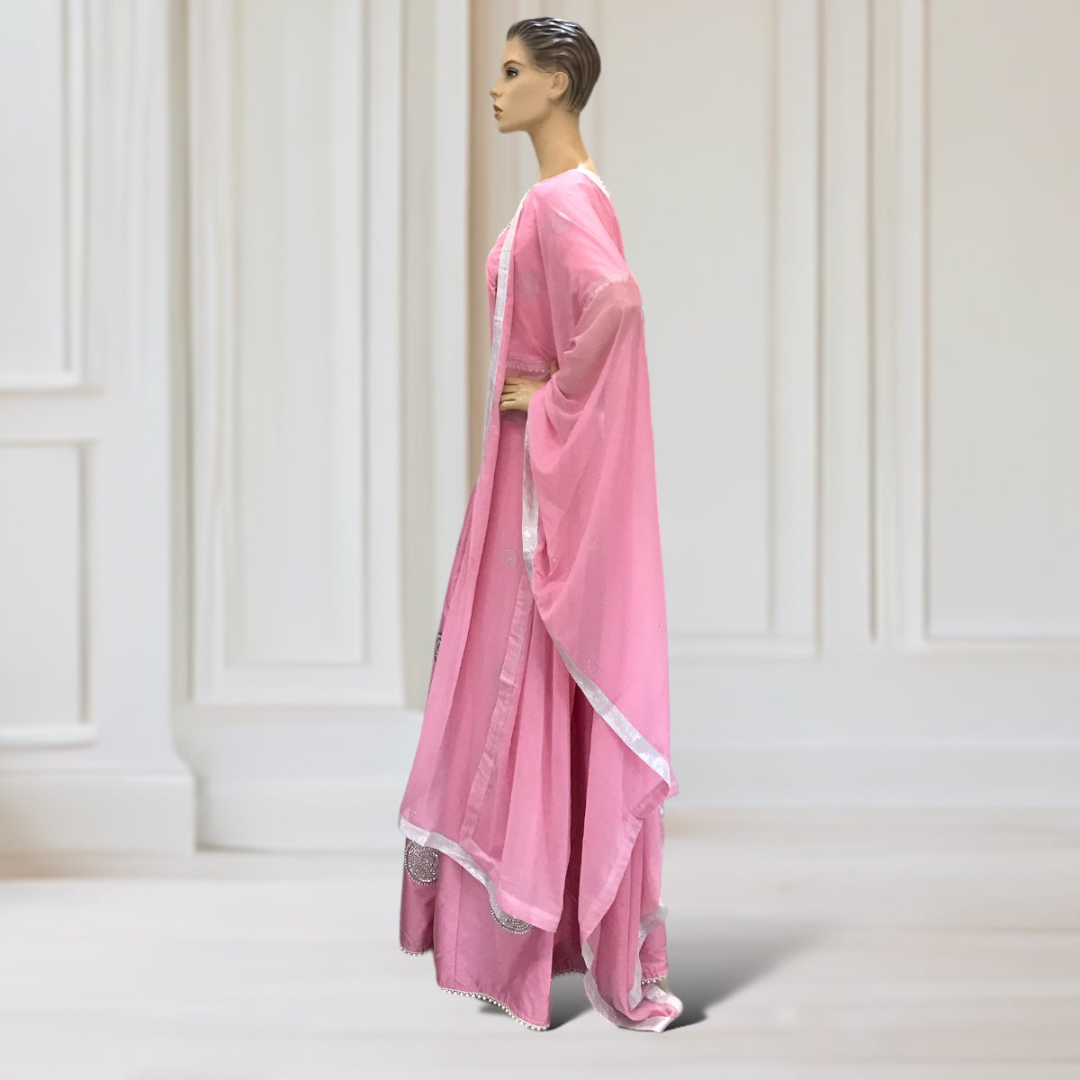 Lehenga +Choli + Scarf ( short sleeves- silver )