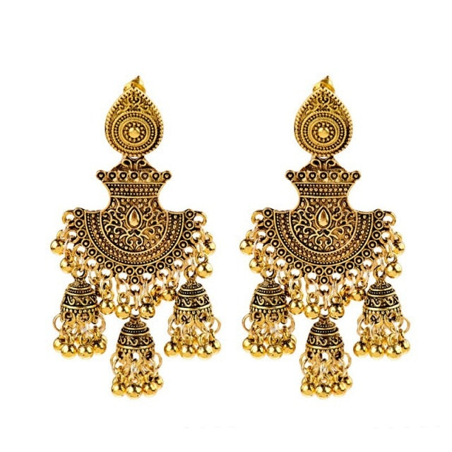 New Ethnic Vintage Women's Geometric Turkish Jhumka Earrings Indian Jewelry Gold Bell Tassel Dangling Earrings Turkey Jewelry