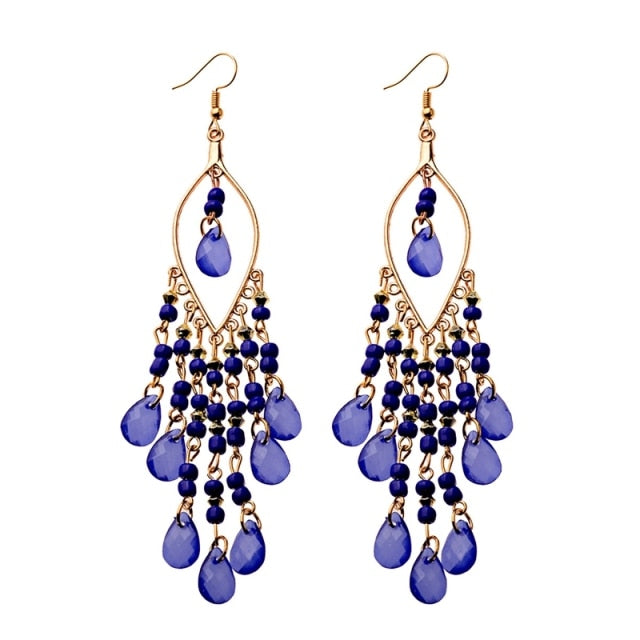 Classic Trendy Blue Crystal Long Tassel Dangle Earring