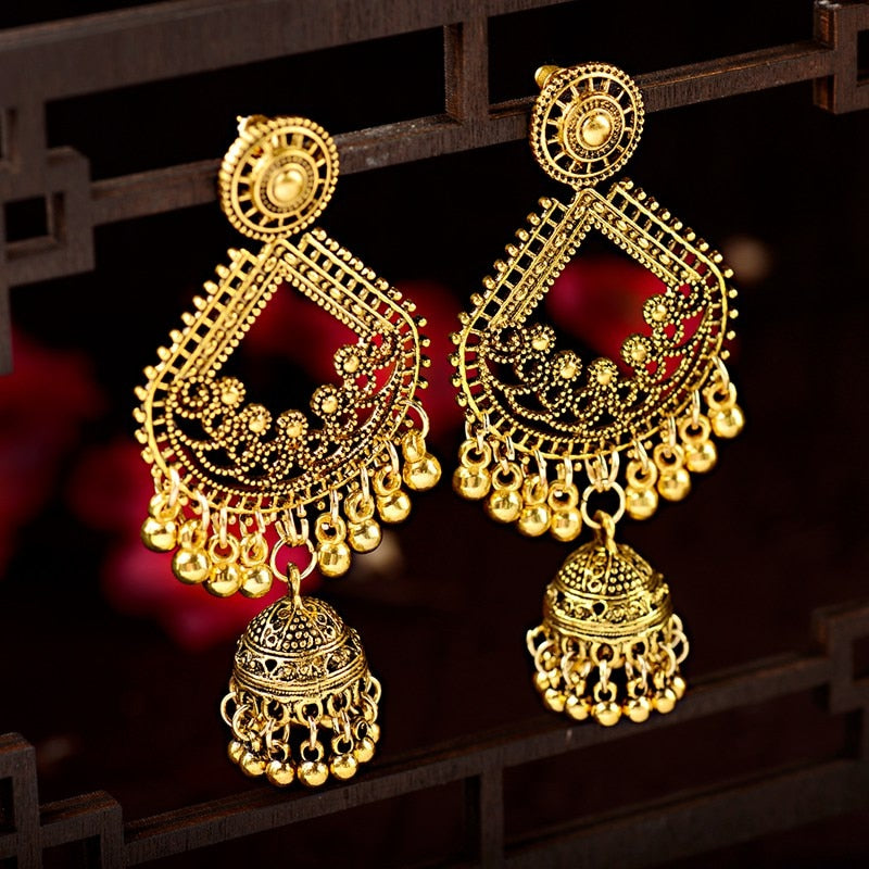 Ethnic Women Big Gold Dangle Earrings Jhumka Indian Earrings Vintage Drop Earring Lantern Tassel Palace Orecchini Donna