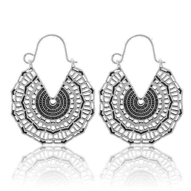 Vintage Hollow Mandala Flowers Earrings for Women Antique Silver Color Geometric Drop Earrings Indian Jewelry