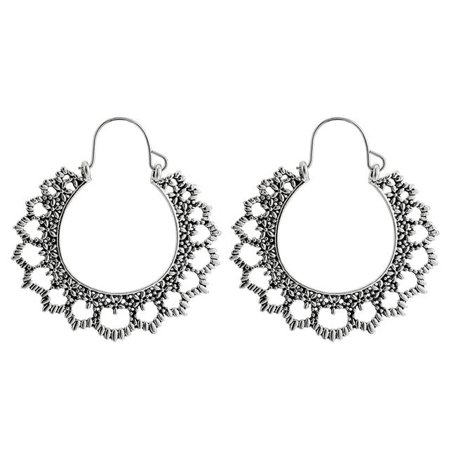 Vintage Hollow Mandala Flowers Earrings for Women Antique Silver Color Geometric Drop Earrings Indian Jewelry