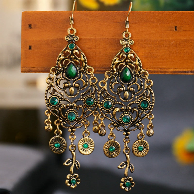 Bohemian Ethnic Earrings 2021 Women Vintage Alloy Hollow Out Carved Flower Rhinestones