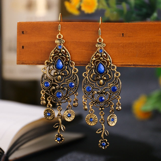 Bohemian Ethnic Earrings 2021 Women Vintage Alloy Hollow Out Carved Flower Rhinestones