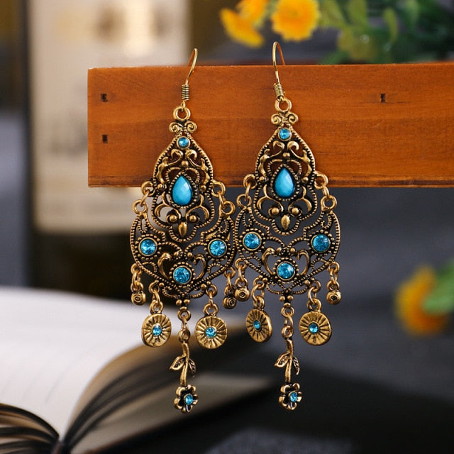 Bohemian Ethnic Earrings 2021 Women Vintage Alloy Hollow Out Carved Flower Rhinestones