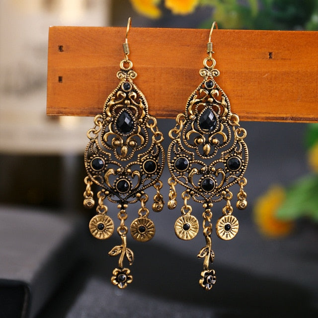 Bohemian Ethnic Earrings 2021 Women Vintage Alloy Hollow Out Carved Flower Rhinestones