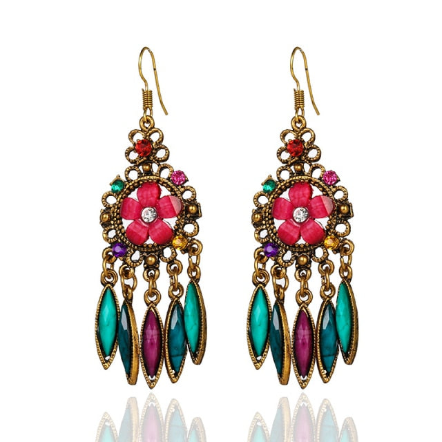 Bohemian Ethnic Earrings 2021 Women Vintage Alloy Hollow Out Carved Flower Rhinestones